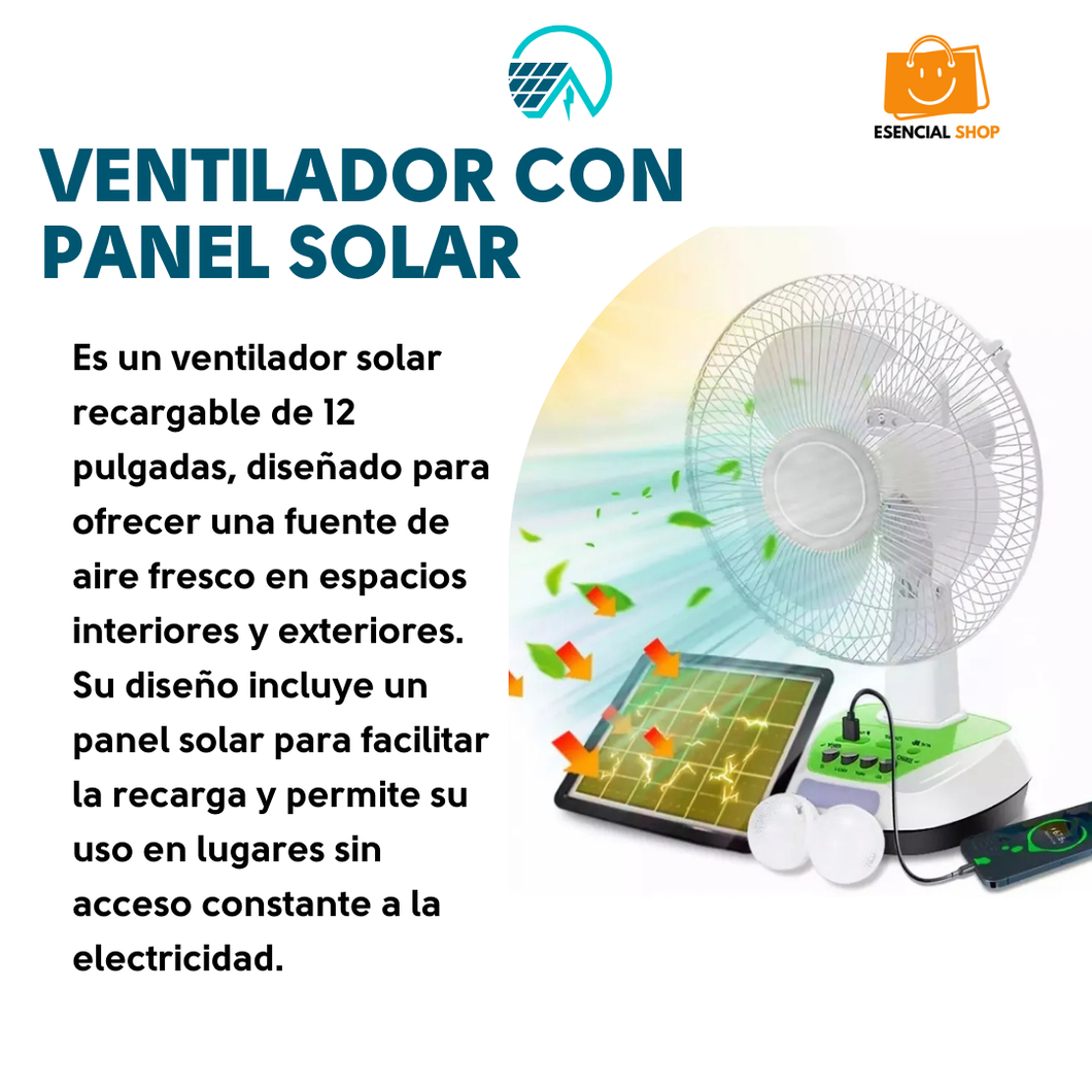 VENTILADOR SOLAR PORTATIL 4 EN 1 (FOCOS,CARGADOR USB ,LAMPARA,PANEL SOLAR)